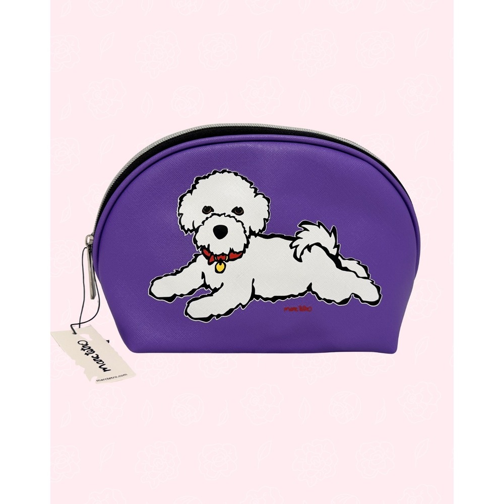 Marc Tetro Love My Bichon Frise Medium Cosmetic Makeup Bag Pouch Purple NWT